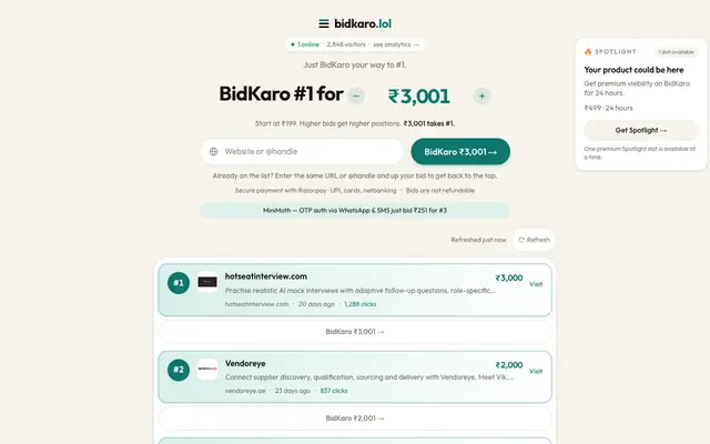 Screenshot of BidKaro — pay to rank #1 in India