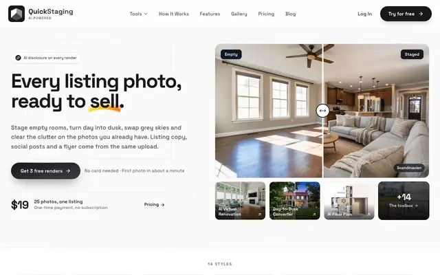 Screenshot of AI Virtual Staging + Listing Marketing (3 Free Photos) | QuickStaging