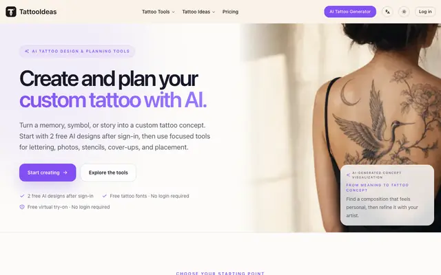 Screenshot of AI Tattoo Design & Planning Tools | TattooIdeas