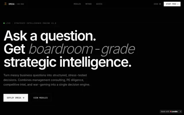 Screenshot of OMEGA GOD MODE — Boardroom-grade strategic intelligence