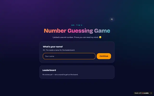 Screenshot of Mr. Tim's Number Guessing Game