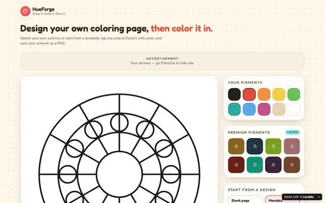 Screenshot of HueForge — Design & Color Your Own Coloring Pages