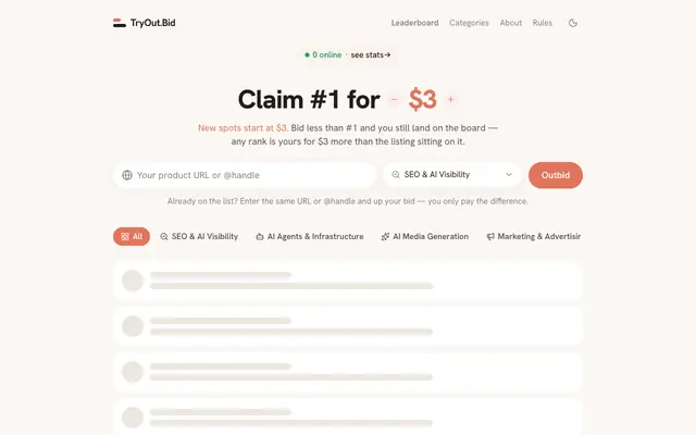 Screenshot of TryOut.Bid — the public pay-to-rank leaderboard