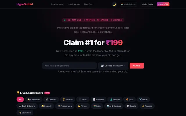 Screenshot of HypeOutbid — Bid to Own the Top Spot