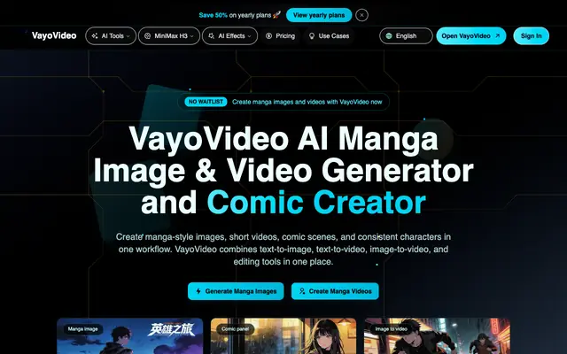 Screenshot of VayoVideo AI Manga Image & Video Generator | Comic Creator