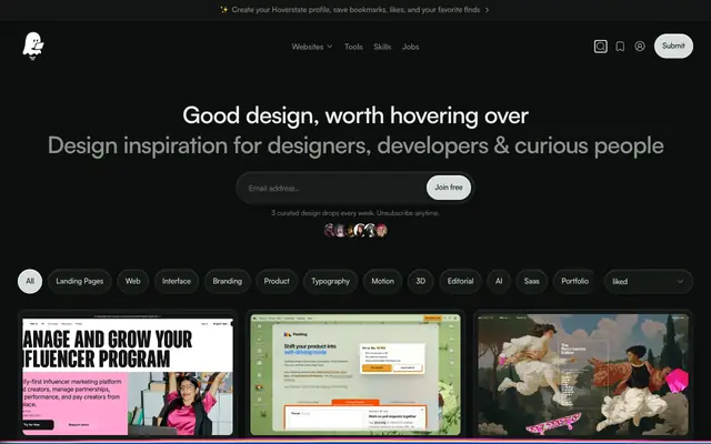 Screenshot of Hoverstate, Website Design Inspiration Gallery