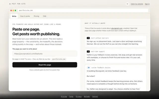 Screenshot of Post for Site — paste one page, get posts worth publishing