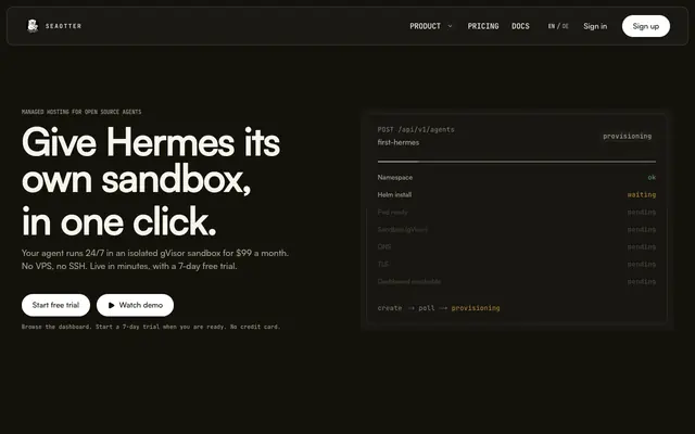 Screenshot of SEAOTTER — Always-on Hermes Agent. No servers to run.