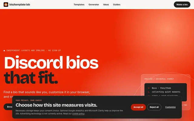 Screenshot of Discord Bio Templates – Copy & Paste | Bio Template Lab