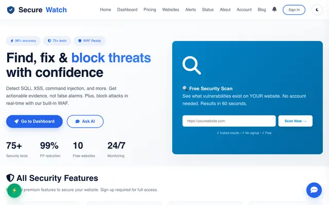 Screenshot of SecureWatch · Modern Security Scanner & Website Monitoring