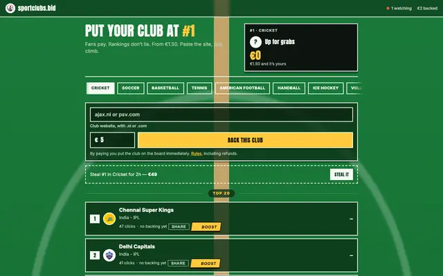 Screenshot of sportclubs.bid — put your club at #1