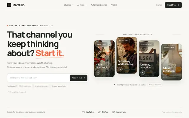Screenshot of AI Faceless Video Generator: Your Channel Posts Itself | MarsClip