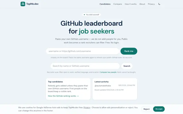 Screenshot of TopMe.dev — Stay on top as a job-seeking developer