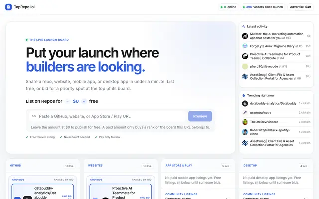 Screenshot of TopRepo.lol — The internet's most competitive GitHub board.