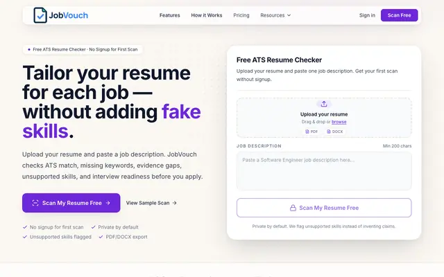 Screenshot of JobVouch | Free ATS Resume Checker & Job-Specific Resume Tailor