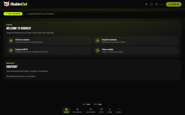 Screenshot of RobinCat Dashboard: Rug Radar, Discovery & NFTs