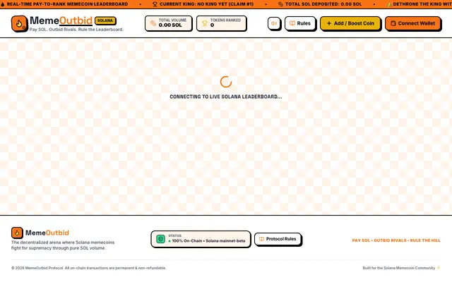 Screenshot of MemeOutbid — Real-Time Pay-to-Rank Memecoin Leaderboard (Solana)
