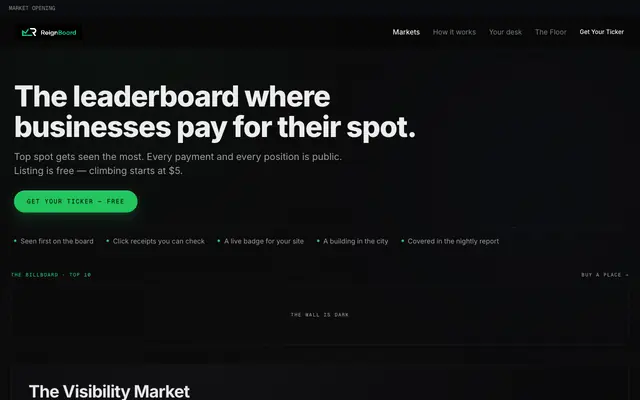 Screenshot of Reign — the board where products pay to rule