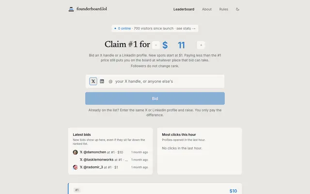 Screenshot of founderboard.lol: Rank is the bid. Followers don't count.