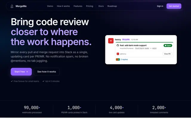 Screenshot of MergeMe - GitHub & GitLab PR/MR notifications in Slack