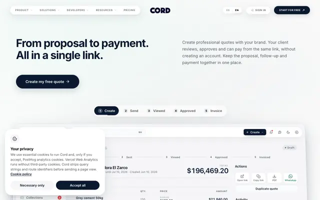 Screenshot of Cord — De la propuesta al pago. Todo en un solo link.