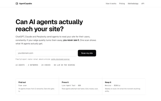 Screenshot of AgentCapable: can AI agents reach your site?