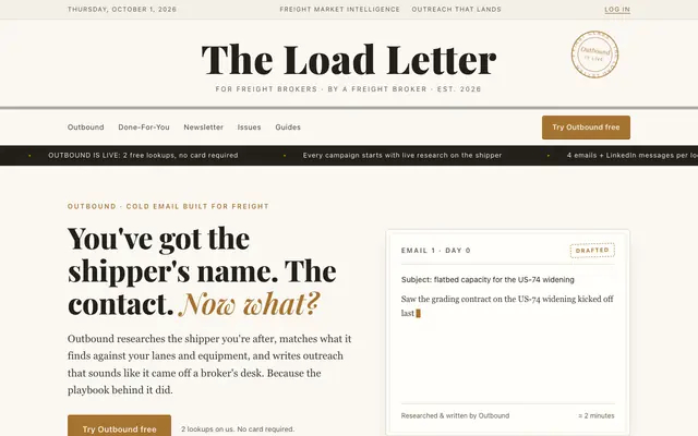 Screenshot of Outbound by The Load Letter: AI Cold Email for Freight Brokers