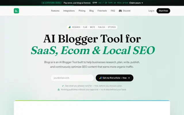 Screenshot of AI Blogger Tool for SaaS, Ecommerce & Local SEO | Blogr.ai