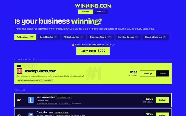 Screenshot of winning.com — is your business winning?