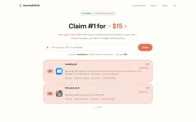 Screenshot of bountybid.lol — half of your bid becomes the bounty on your rank