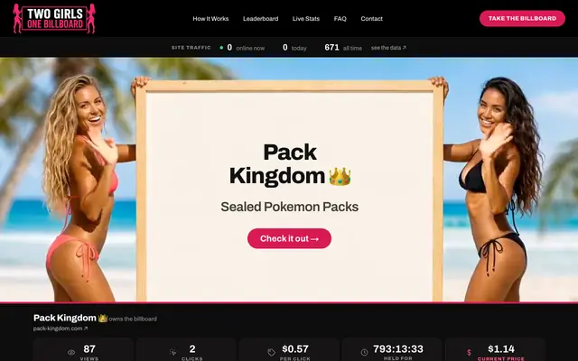 Screenshot of twogirlsonebillboard.com — one billboard, held up on a beach