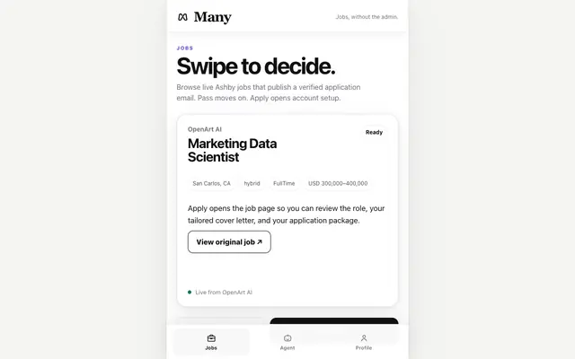 Screenshot of Many — Skills, portfolios, and proof of work