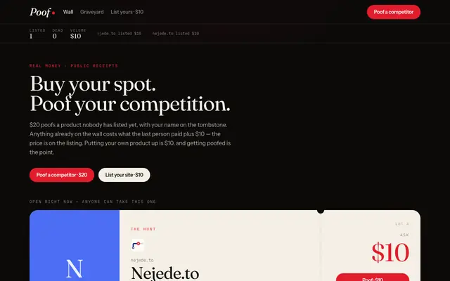 Screenshot of Poof — buy your spot, poof your competition