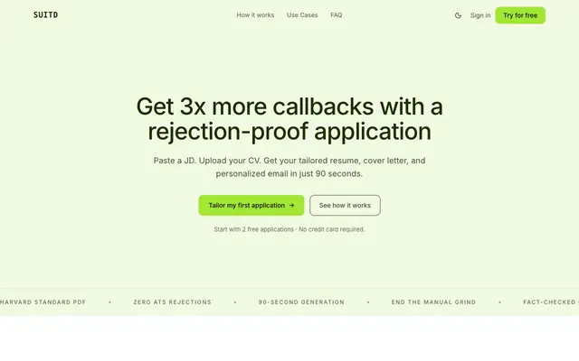 Screenshot of Suitd — Tailored job applications in 90 seconds