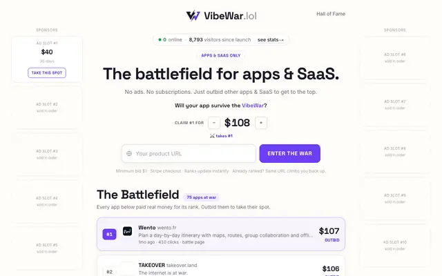 Screenshot of VibeWar — The battlefield for vibecoded apps & SaaS.