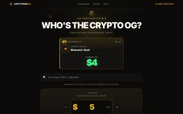 Screenshot of CryptoWar.lol — Who's the Crypto OG?