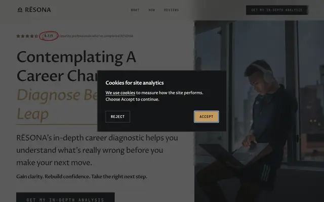 Screenshot of Should I Quit My Job? Career Change Clarity. RĒSONA