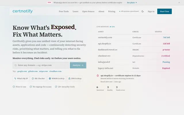 Screenshot of Free SSL Certificate Checker & Domain Expiry Security Monitor | CertNotify