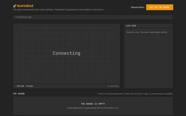 Screenshot of Bustabid: the pay-to-rank leaderboard with a live crash multiplier