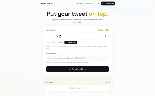 Screenshot of tweetrank.lol — pay to put your tweet on top