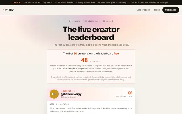 Screenshot of FYPbid — Live creator leaderboard — TikTok, YouTube & Instagram, ranked by what