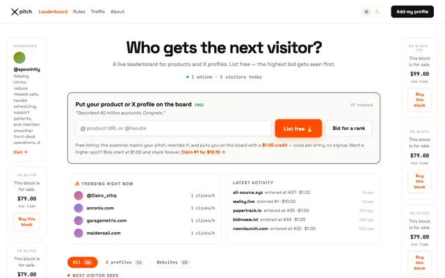 Screenshot of xpitch — who gets the next visitor?