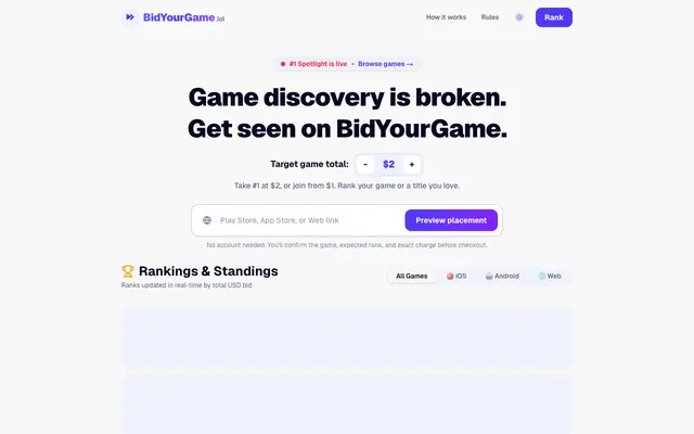 Screenshot of BidYourGame — Pay to rank your game.