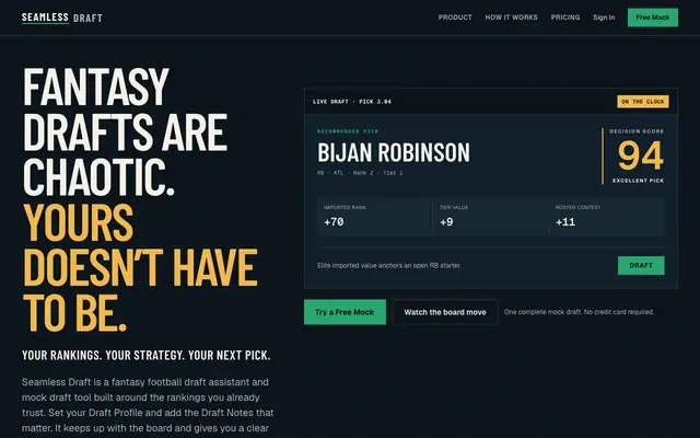 Screenshot of Fantasy Football Draft Assistant & Mock Draft Tool | Seamless Draft