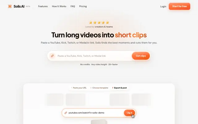 Screenshot of Solis AI · Turn long videos into ready-to-post shorts