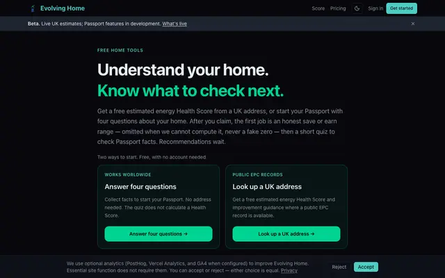 Screenshot of Evolving Home — Money & energy decisions for UK homes