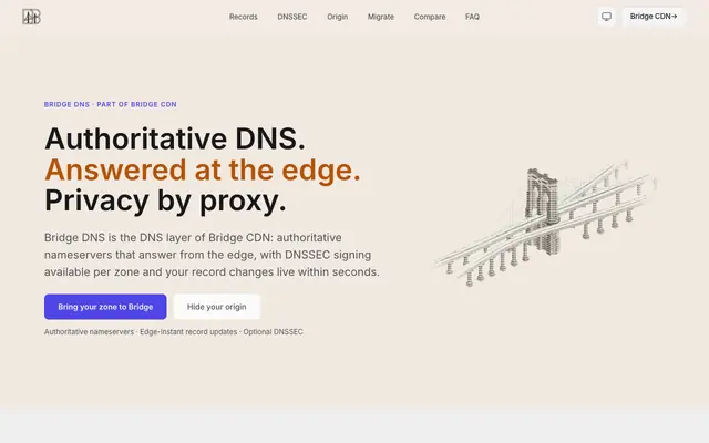 Screenshot of Bridge DNS — Authoritative DNS, Answered at the Edge