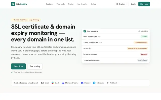 Screenshot of SSL Certificate & Domain Expiry Monitoring — SSLCanary