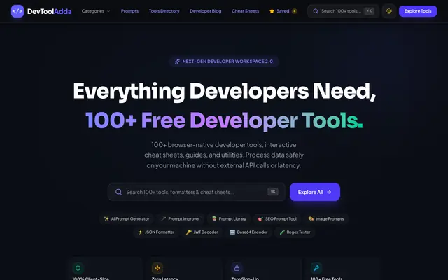 Screenshot of DevToolAdda — 100+ Free Online Developer Tools & Code Utilities