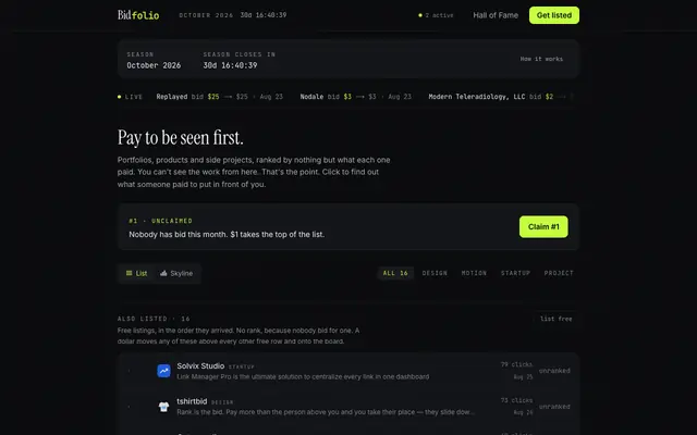 Screenshot of Bidfolio · The jury is money.